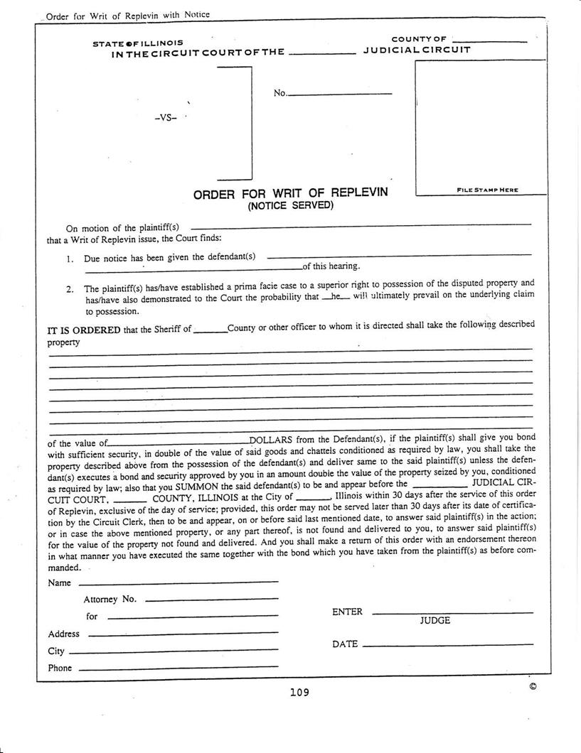 Order For Writ Of Replevin (Notice Served) | Pdf Fpdf Docx | Illinois