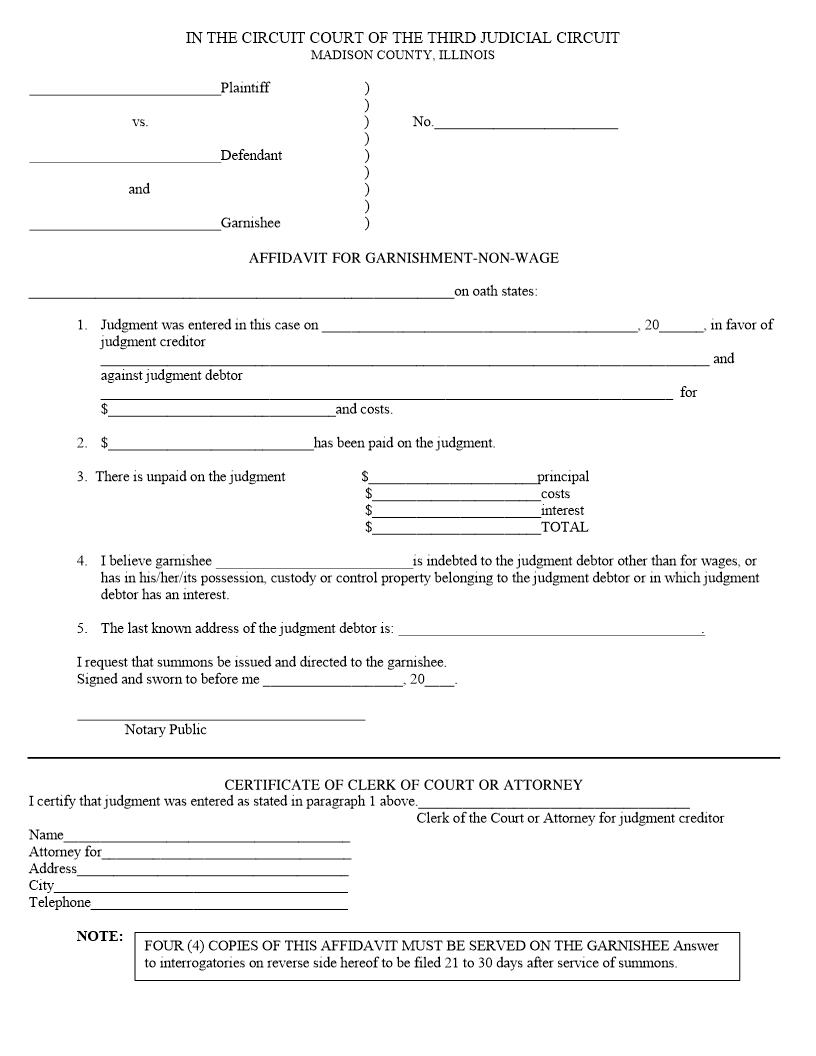 Affidavit For Garnishment - Non-Wage | Pdf Fpdf Docx | Illinois