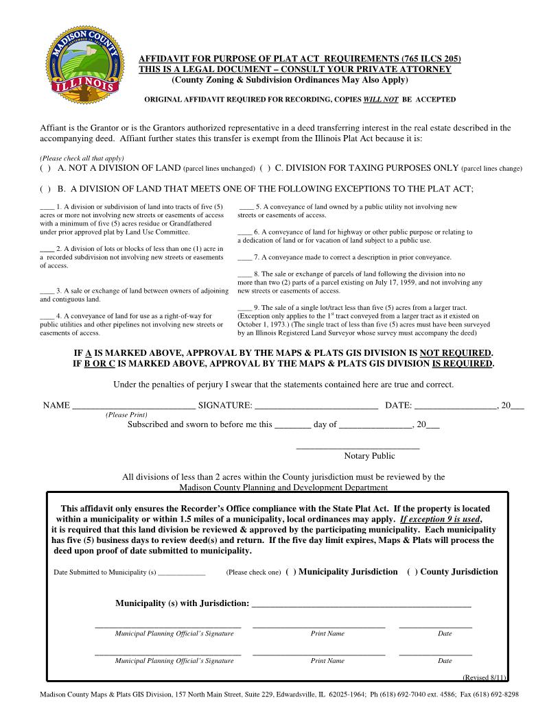 Affidavit For Purpose Of Plat Act Requirements | Pdf Fpdf Docx | Illinois