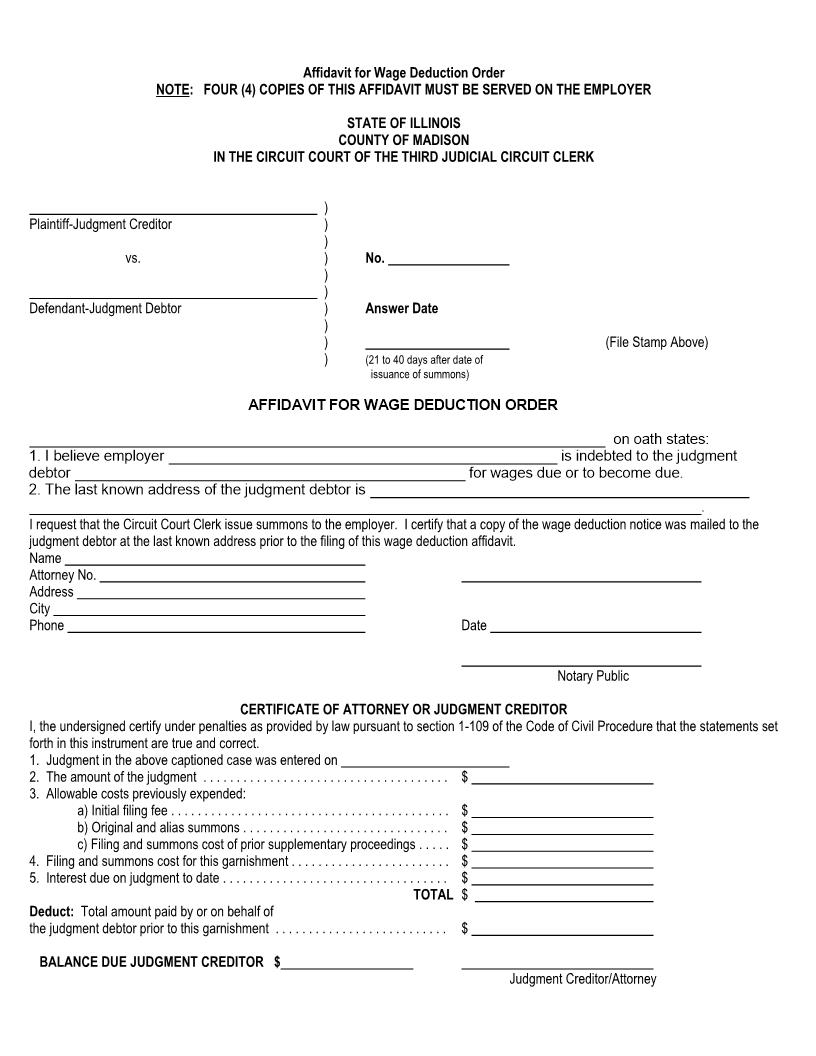 Affidavit For Wage Deduction Order | Pdf Fpdf Docx | Illinois