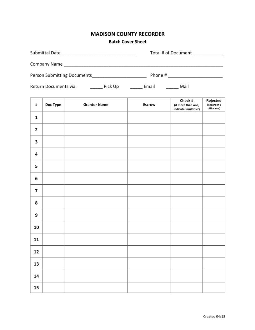 Batch Cover Sheet (Recorder) | Pdf Fpdf Docx | Illinois