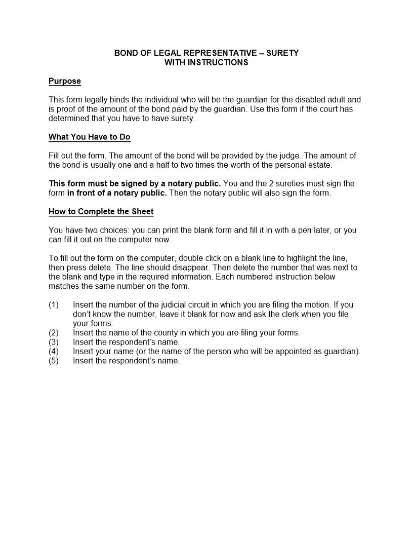 Bond Of Legal Representative - Surety (Disabled Person) | Pdf Fpdf Docx | Illinois