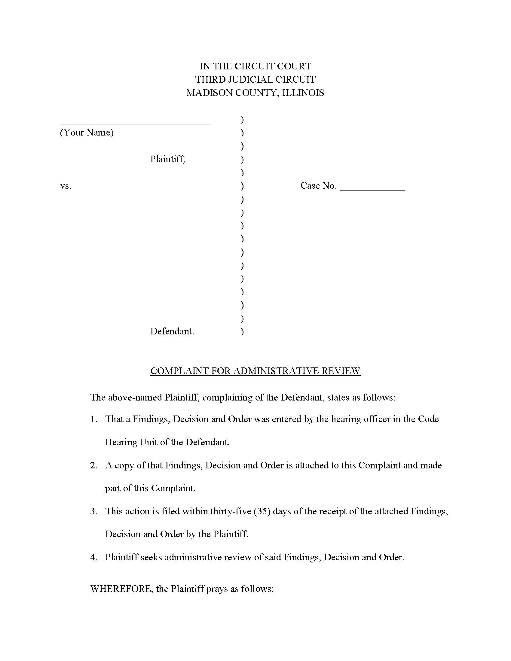 Complaint For Administrative Review | Pdf Fpdf Docx | Illinois