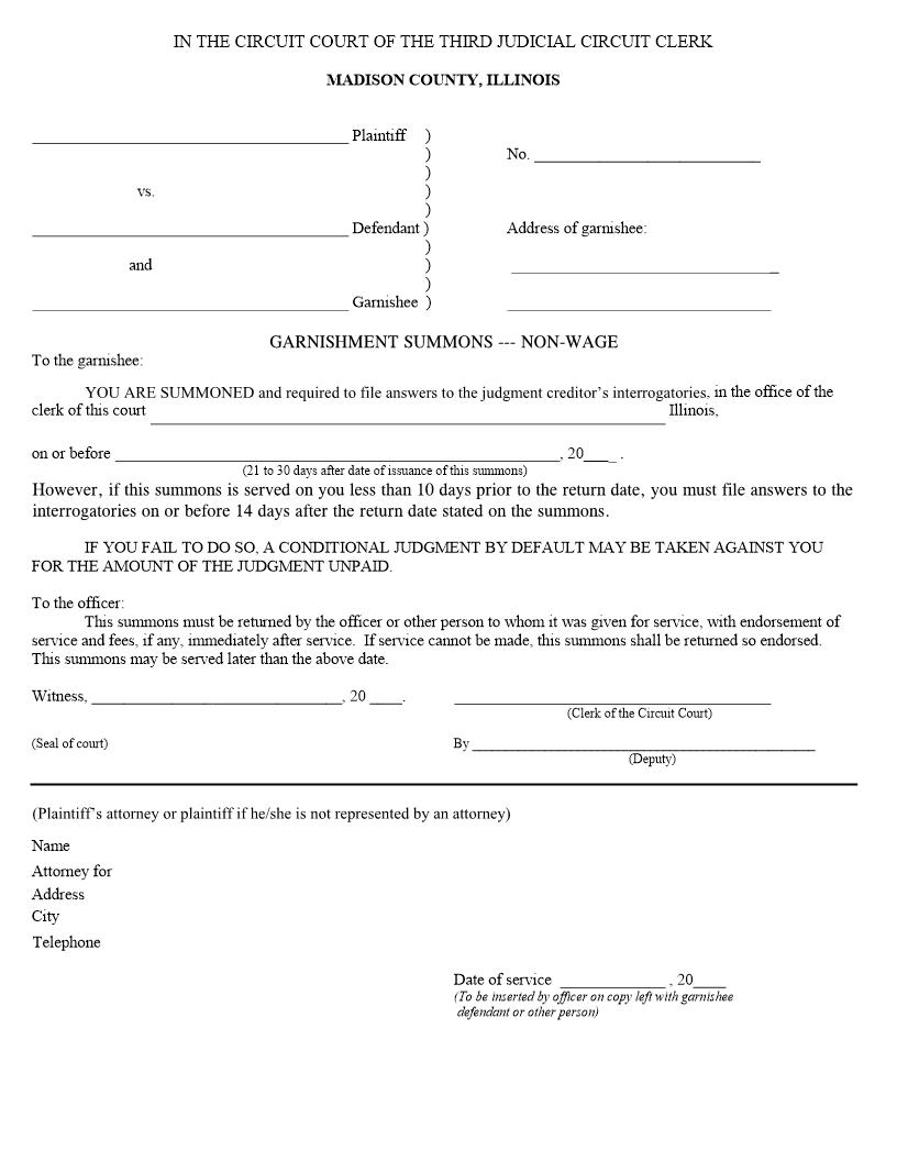Garnishment Summons - Non-Wage {Mad GSNW} | Pdf Fpdf Docx | Illinois