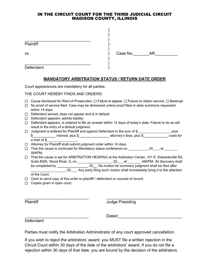 Mandatory Arbitration Status - Return Date Order {Mad MASRDO} | Pdf Fpdf Docx | Illinois