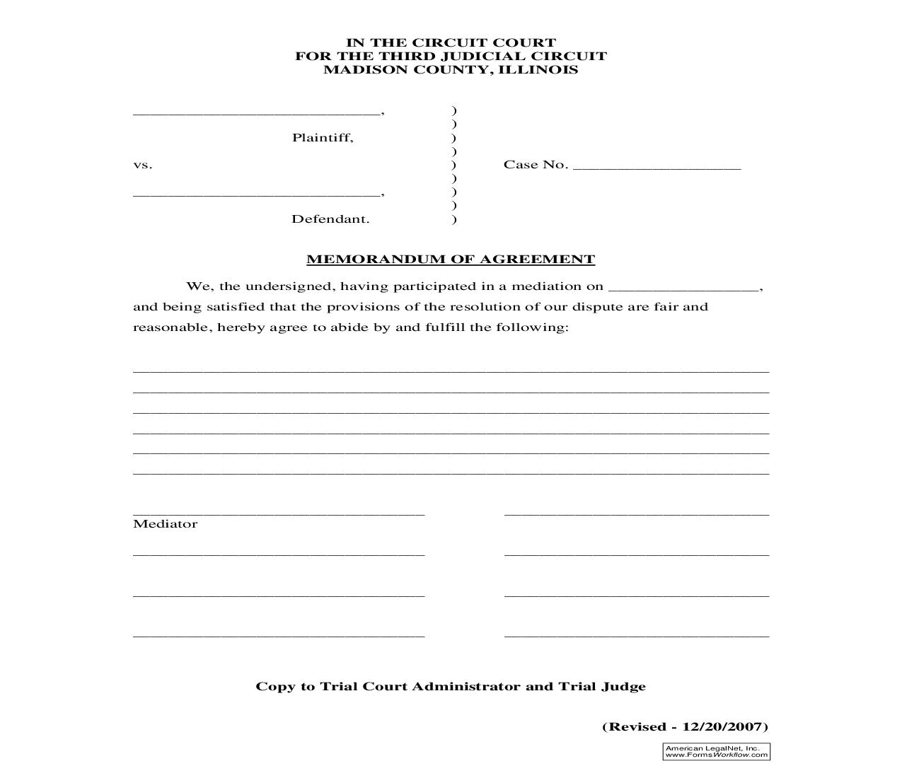 Memorandum Of Agreement (Mediation) | Pdf Fpdf Doc Docx | Illinois