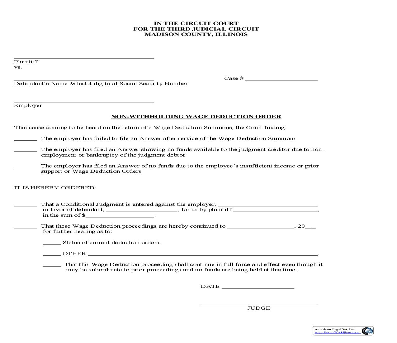 Non-Withholding Wage Deduction Order | Pdf Fpdf Doc Docx | Illinois