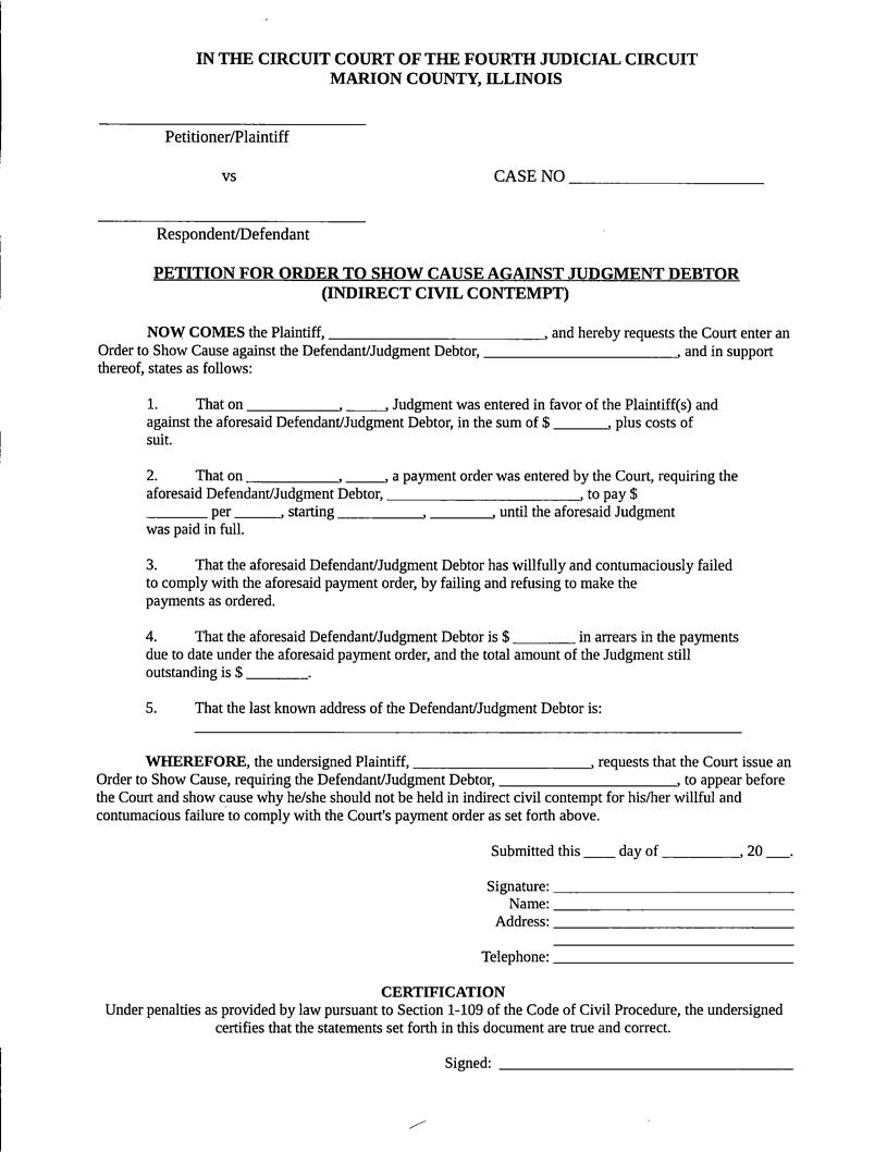 Petition For Order To Show Cause Against Judgment Debtor (Indirect Civil Contempt) | Pdf Fpdf Docx | Illinois