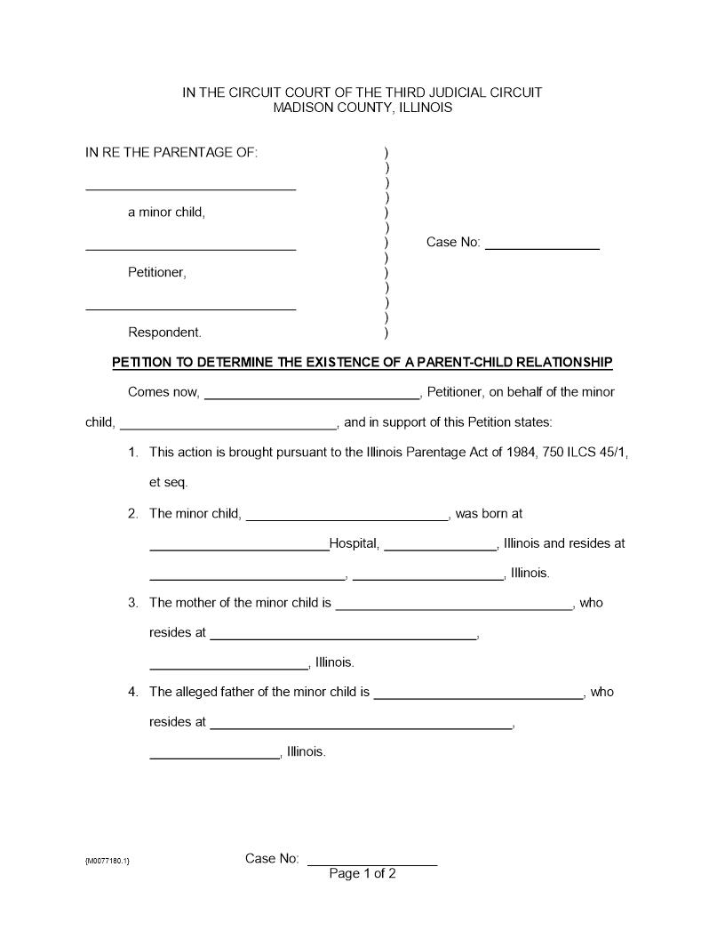 Petition To Determine The Existence Of A Parent-Child Relationship | Pdf Fpdf Docx | Illinois