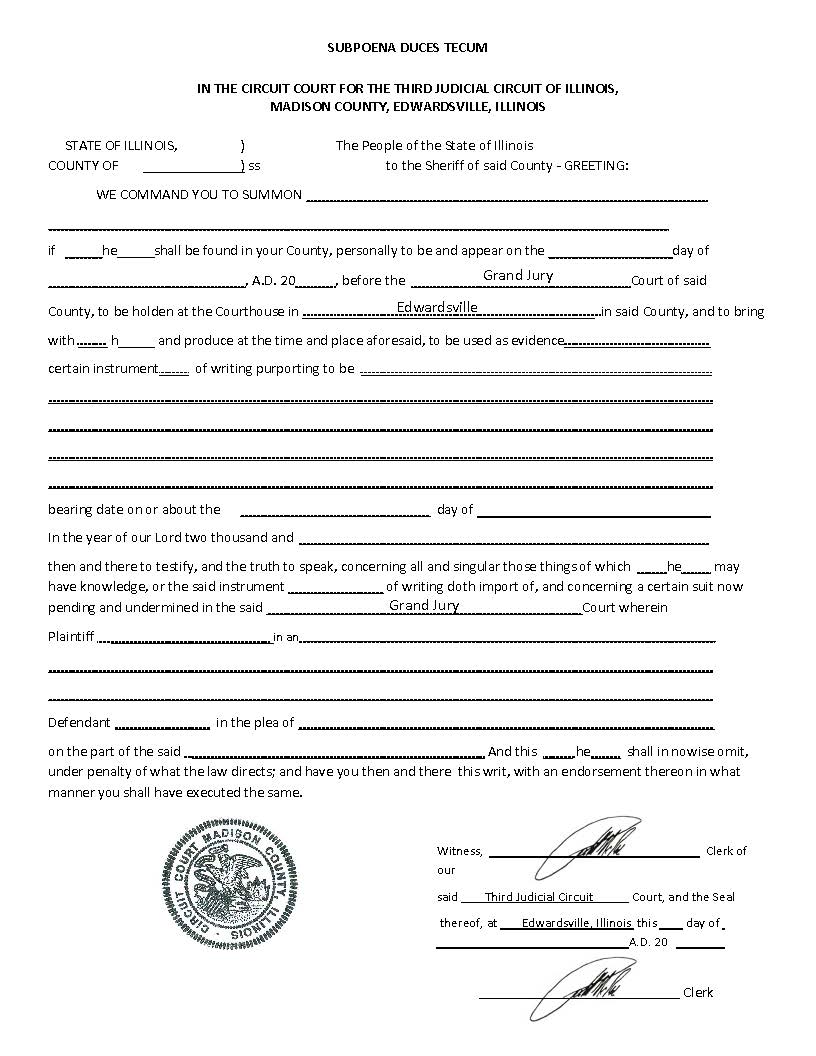 Subpoena Duces Tecum (Grand Jury Form) | Pdf Fpdf Docx | Illinois