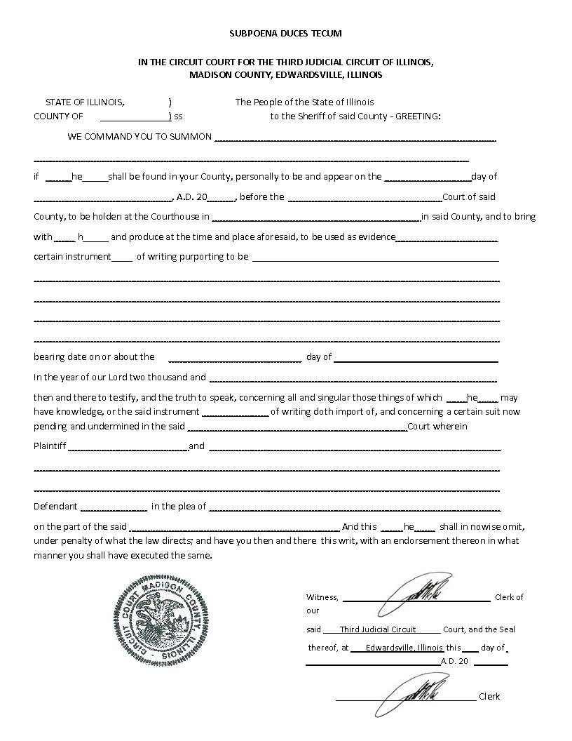Subpoena Duces Tecum | Pdf Fpdf Doc Docx | Illinois