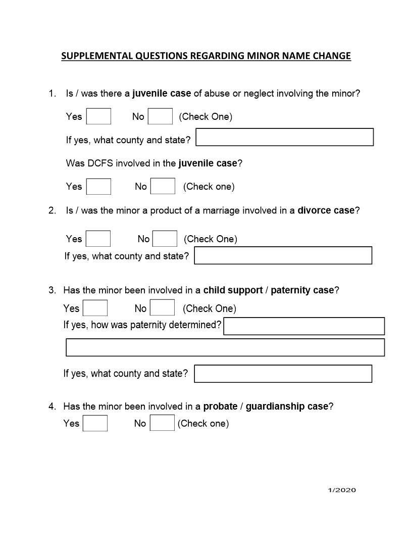 Supplemental Questions Regarding Minor Name Change | Pdf Fpdf Docx | Illinois