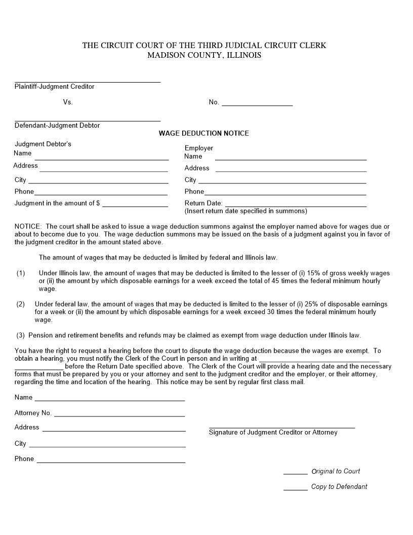 Wage Deduction Notice | Pdf Fpdf Docx | Illinois