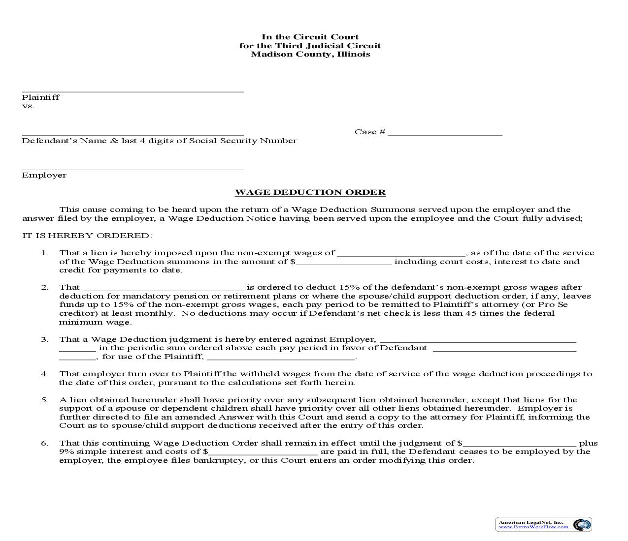 Wage Deduction Order | Pdf Fpdf Docx | Illinois