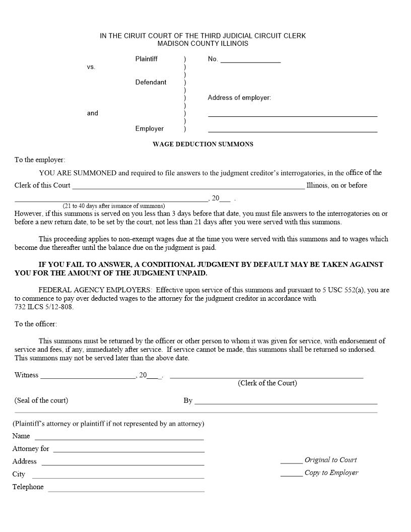 Wage Deduction Summons {Mad WDS} | Pdf Fpdf Docx | Illinois