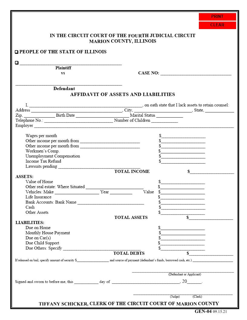 Affidavit Of Assets And Liabilities {GEN-04} | Pdf Fpdf Docx | Illinois