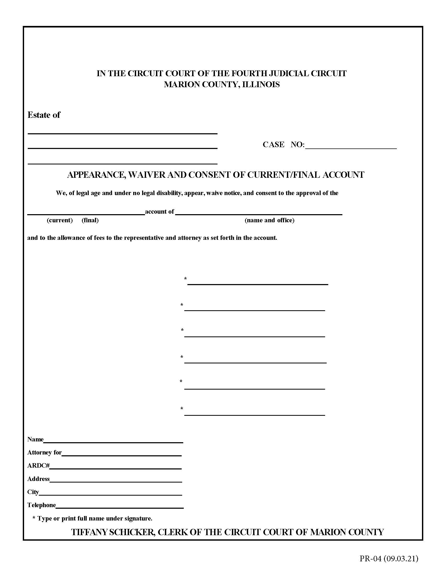 Appearance Waiver And Consent Of Final Account {PR-04} | Pdf Fpdf Docx | Illinois