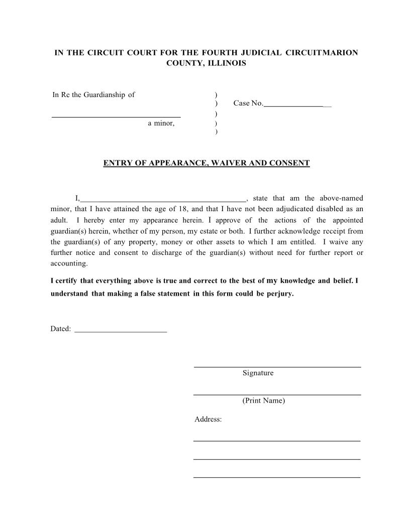 Entry Of Appearance Waiver And Consent (Minor Guardianship) | Pdf Fpdf Docx | Illinois