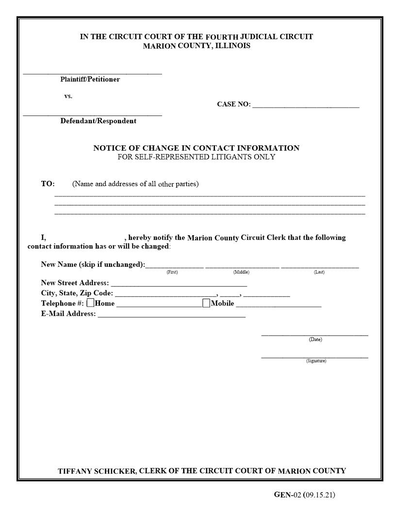 Notice Of Change In Contact Information Self-Represented Litigants Only {GEN-02} | Pdf Fpdf Docx | Illinois