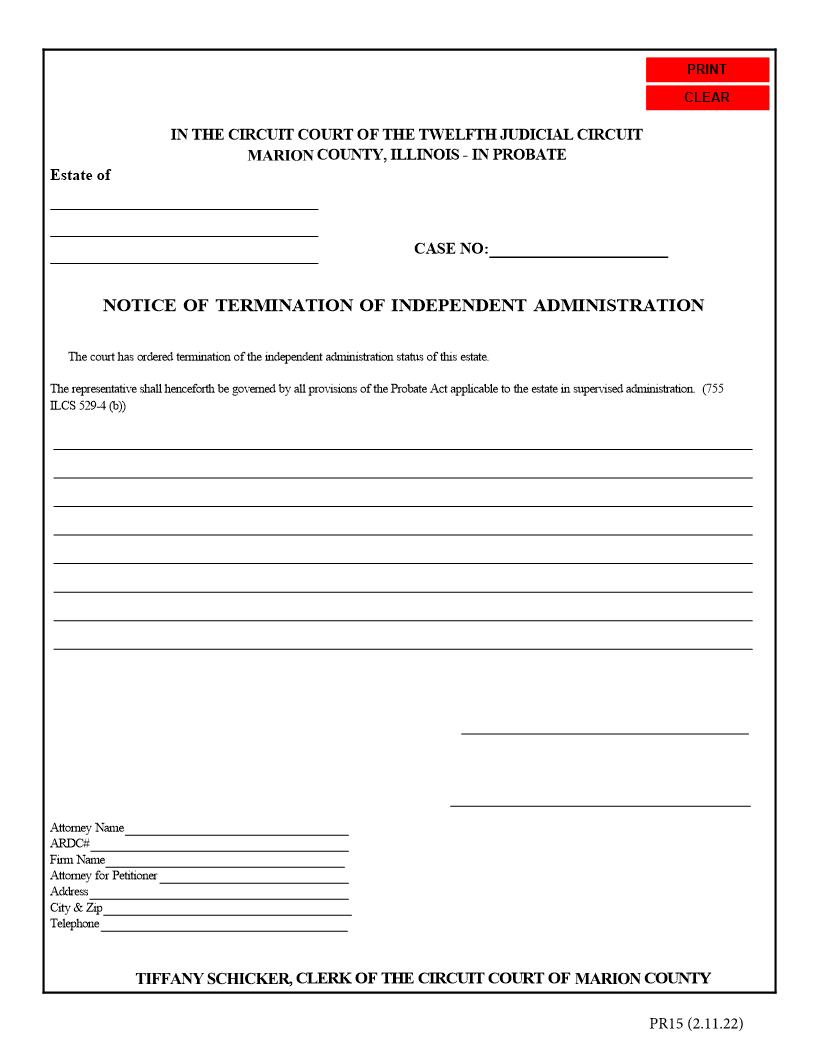 Notice Of Termination Of Independent Administration {PR15} | Pdf Fpdf Docx | Illinois