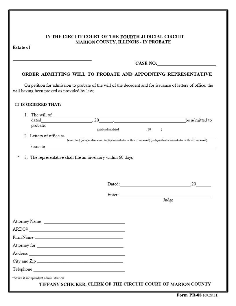 Order Admitting Will To Probate And Appointing Representative {PR-08} | Pdf Fpdf Docx | Illinois