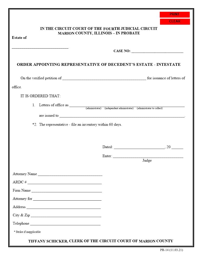 Order Appointing Representative Of Decendents Estate - Intestate {PR-14} | Pdf Fpdf Docx | Illinois