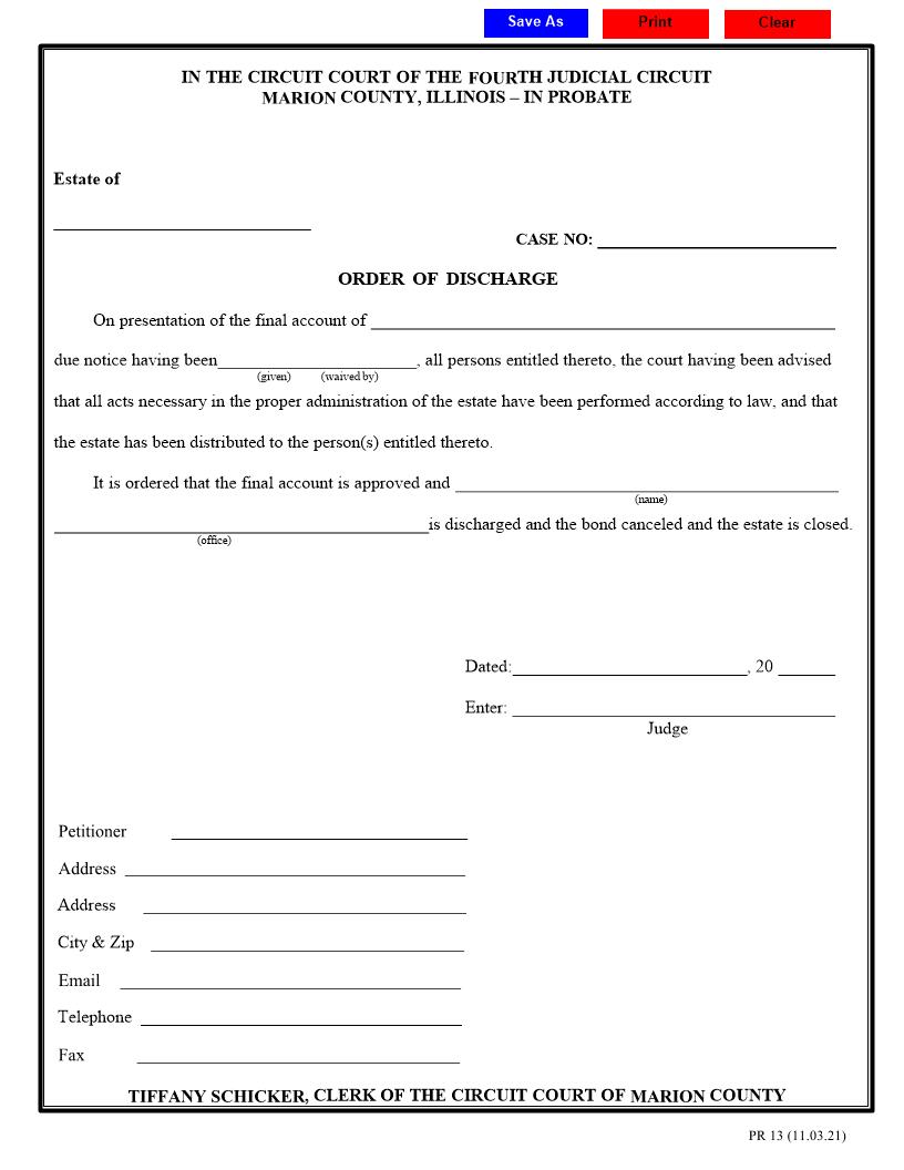 Order Of Discharge {PR-13} | Pdf Fpdf Docx | Illinois