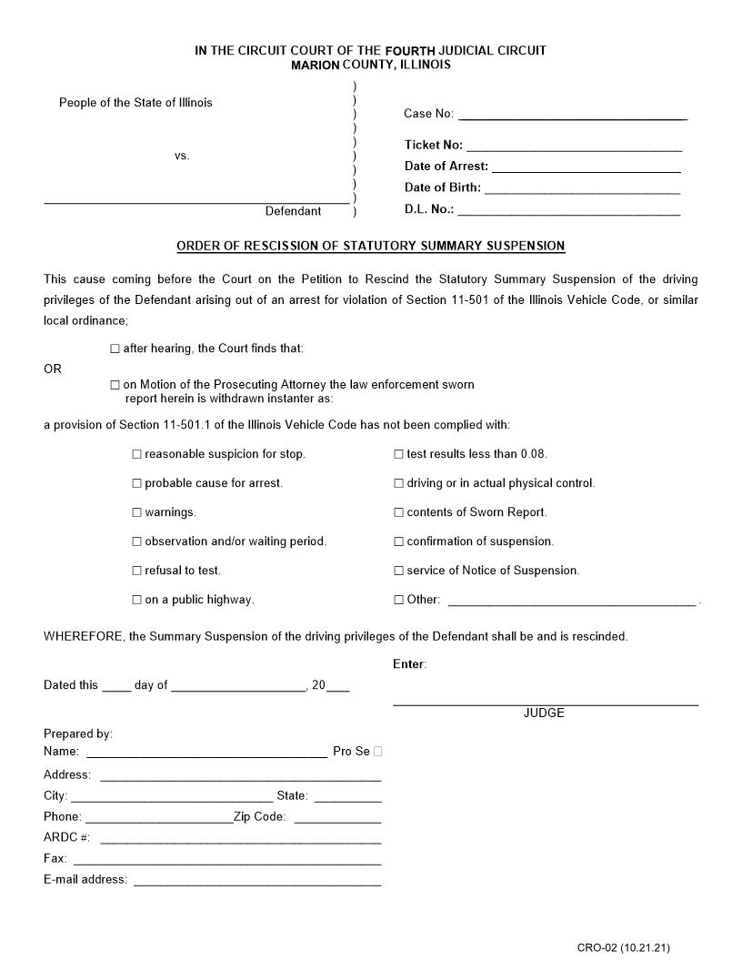 Order Rescinding Statutory Summary Suspension {CRO-02} | Pdf Fpdf Docx | Illinois
