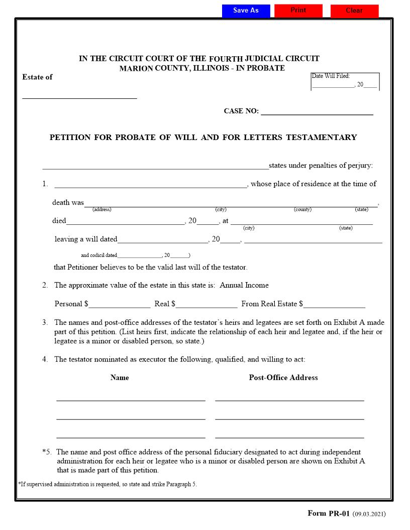 Petition For Letters Testamentary {PR-01} | Pdf Fpdf Docx | Illinois