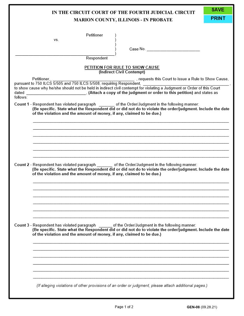 Petition For Rule To Show Cause (Indirect Civil Contempt) {GEN-08} | Pdf Fpdf Docx | Illinois