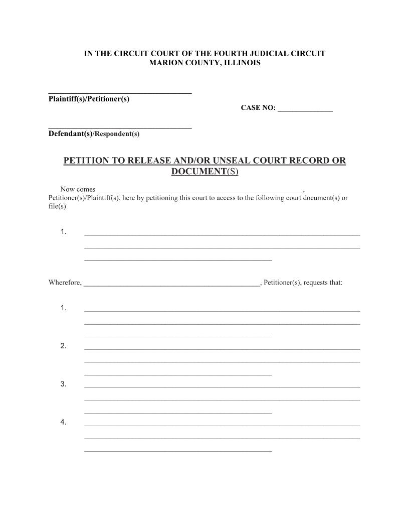 Petition To Release And-Or Unseal Court Record Or Document(s) | Pdf Fpdf Docx | Illinois