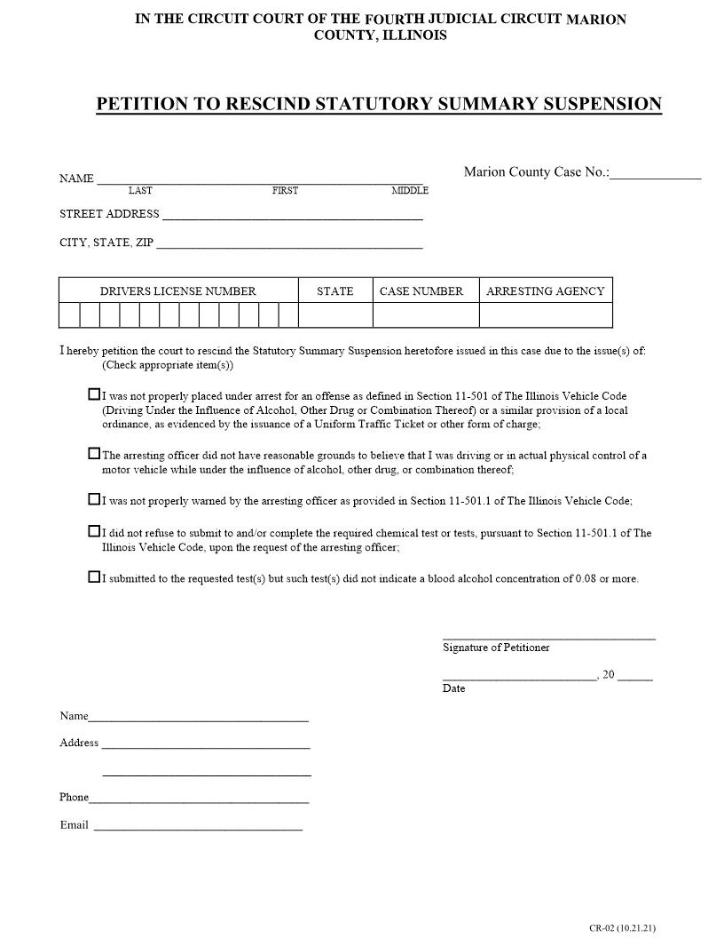 Petition To Rescind Statutory Summary Suspension {CR-02} | Pdf Fpdf Docx | Illinois