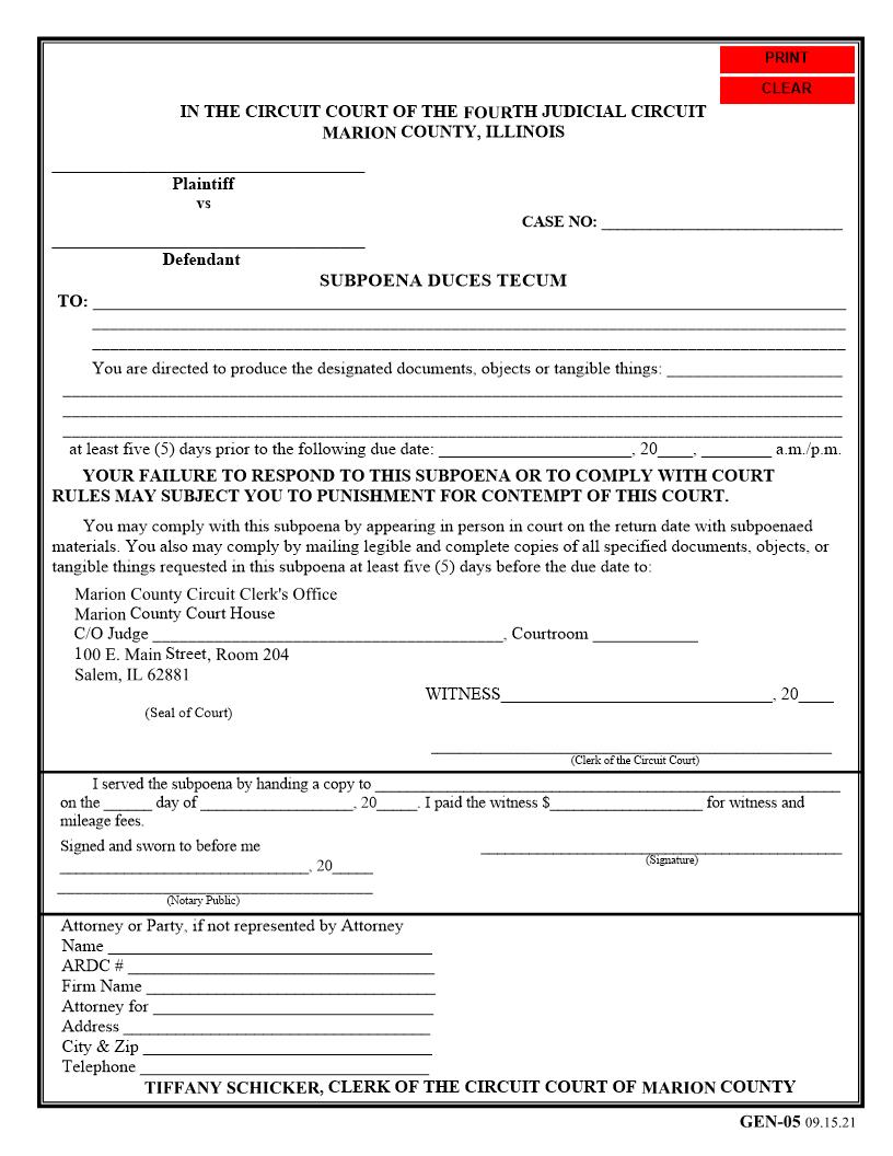 Subpoena Duces Tecum {GEN-05} | Pdf Fpdf Docx | Illinois