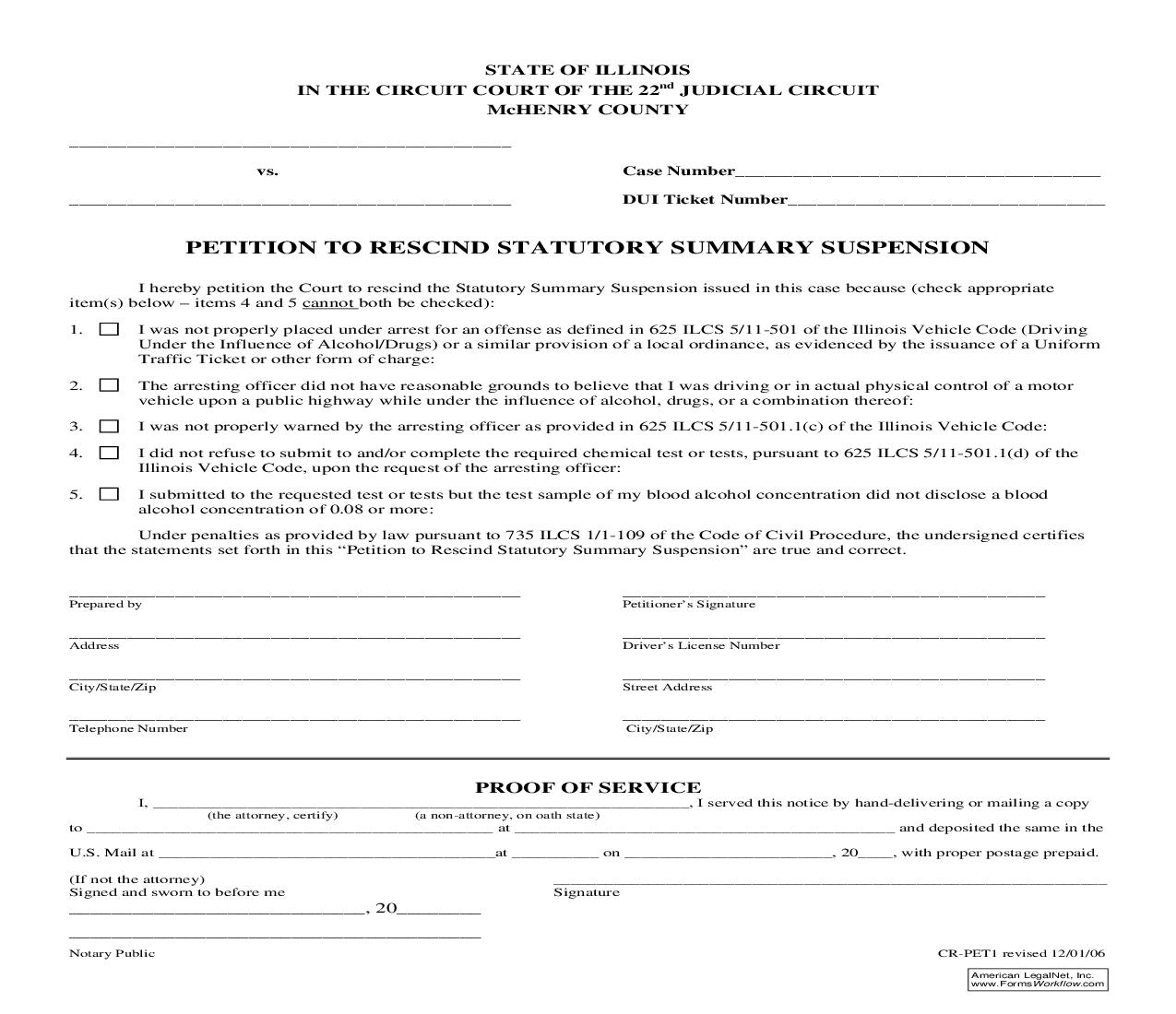 Petition To Rescind Statutory Summary Suspension {CR-PET1} | Pdf Fpdf Doc Docx | Illinois