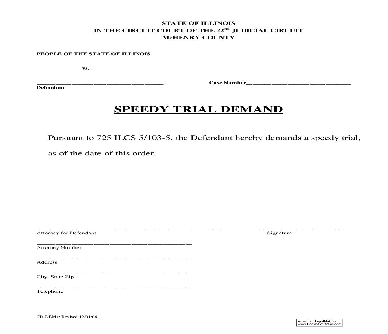 Speedy Trial Demand {CR-DEM1} | Pdf Fpdf Doc Docx | Illinois