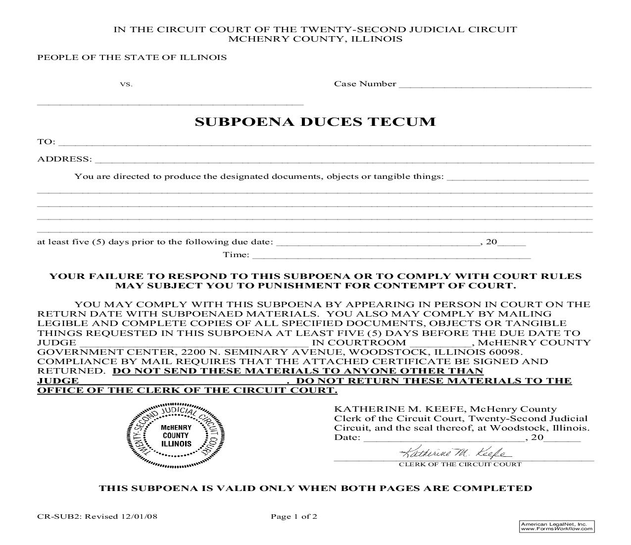 Subpoena Duces Tecum {CR-SUB2} | Pdf Fpdf Doc Docx | Illinois