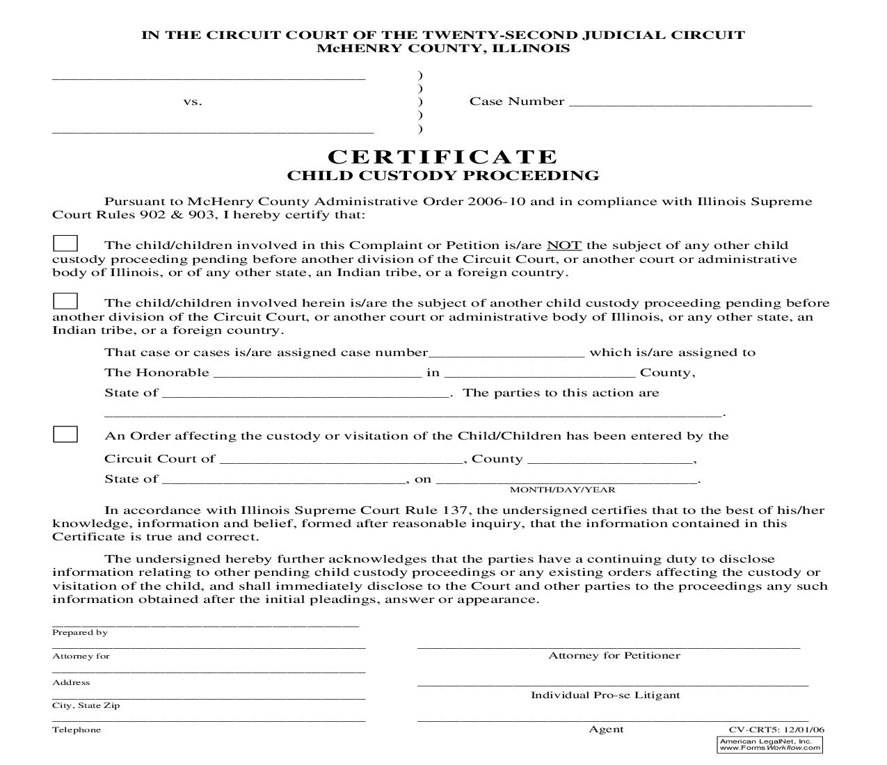 Certificate Child Custody Proceeding {CV-CRT5} | Pdf Fpdf Doc Docx | Illinois