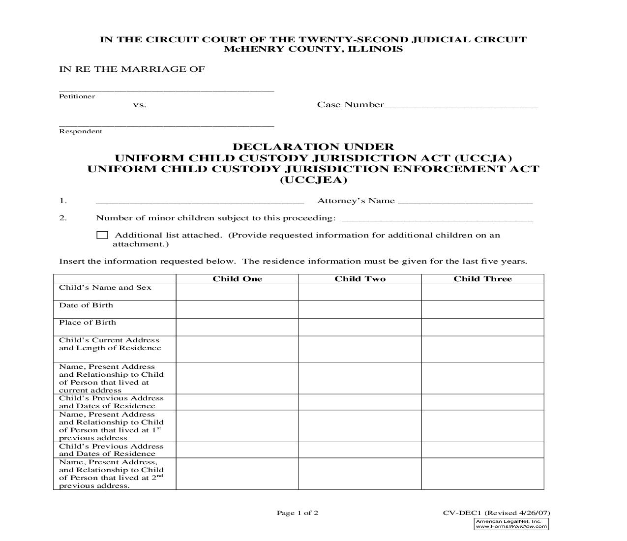 Declaration Under Uniform Child Custody Jurisdiction Act (UCCJA) {CV-DEC1} | Pdf Fpdf Doc Docx | Illinois