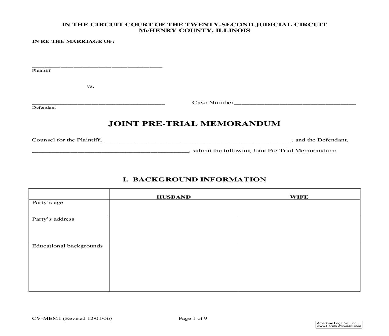 Joint Pre-Trial Memorandum {CV-MEM1} | Pdf Fpdf Doc Docx | Illinois