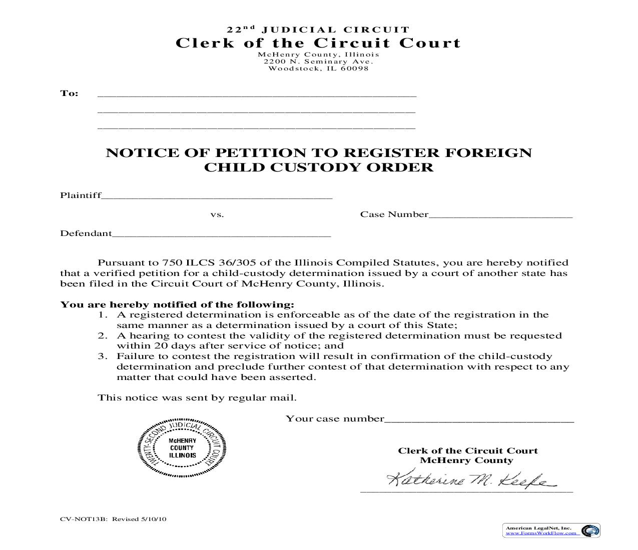 Notice Of Petition To Register Foreign Child Custody Order {CV-NOT13B} | Pdf Fpdf Doc Docx | Illinois