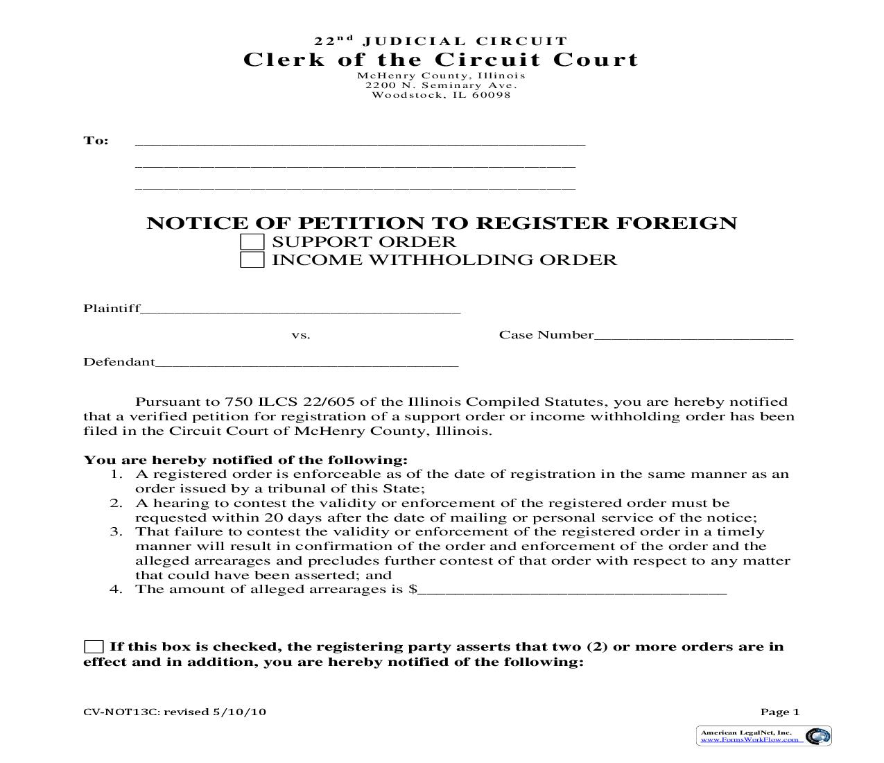Notice Of Petition To Register Foreign Order (Support Or Income Withholding) {CV-NOT13C} | Pdf Fpdf Doc Docx | Illinois