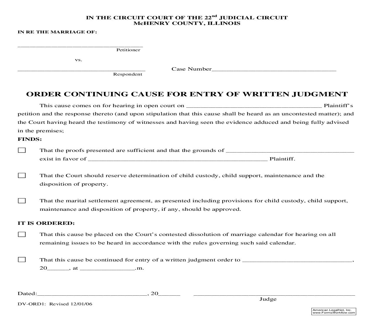 Order Continuing Cause For Entry Of Written Judgment {DV-ORD1} | Pdf Fpdf Doc Docx | Illinois