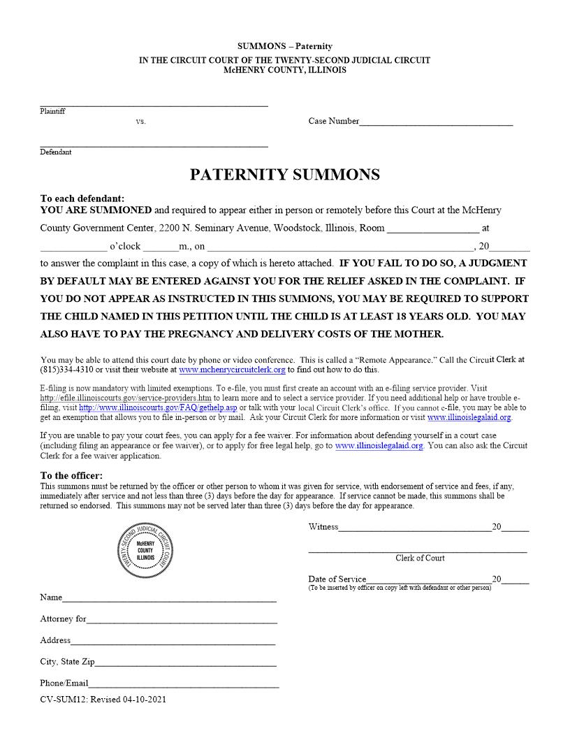 Paternity Summons {CV-SUM12} | Pdf Fpdf Doc Docx | Illinois