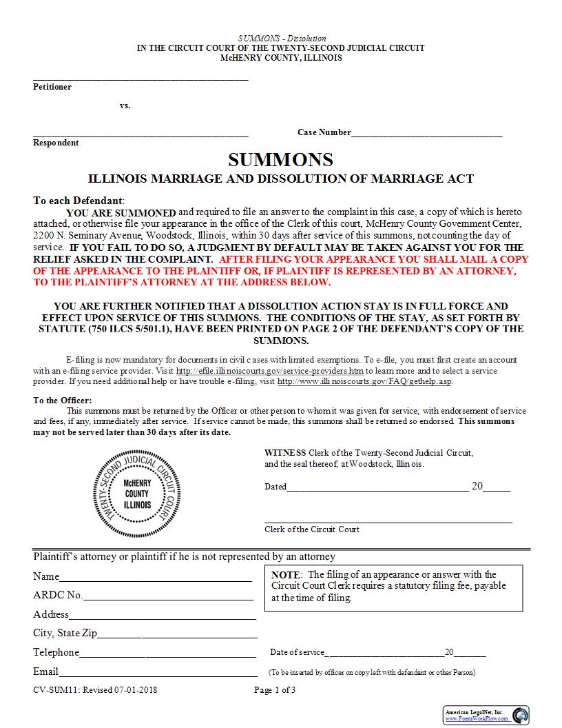 Summons Illinois Marriage And Dissolution Of Marriage Act {CV-SUM11} | Pdf Fpdf Docx | Illinois