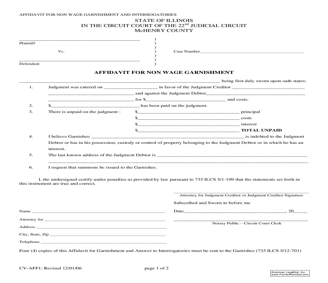 Affidavit For Non Wage Garnishment {CV-AFF1} | Pdf Fpdf Doc Docx | Illinois
