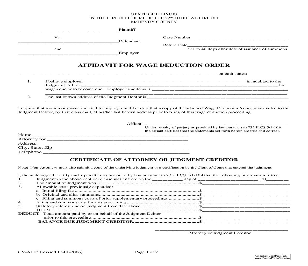 Affidavit For Wage Deduction Order {CV-AFF3-1} | Pdf Fpdf Doc Docx | Illinois