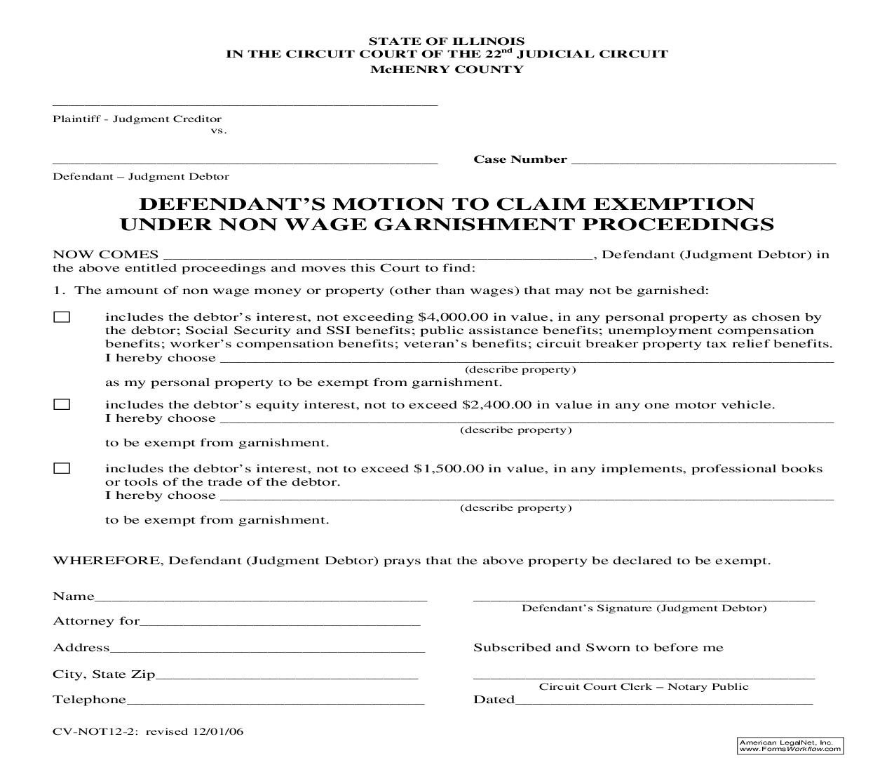 Defendants Motion To Claim Exemption Under Non-Wage Garnishment Proceeding {CV-NOT12-2} | Pdf Fpdf Doc Docx | Illinois