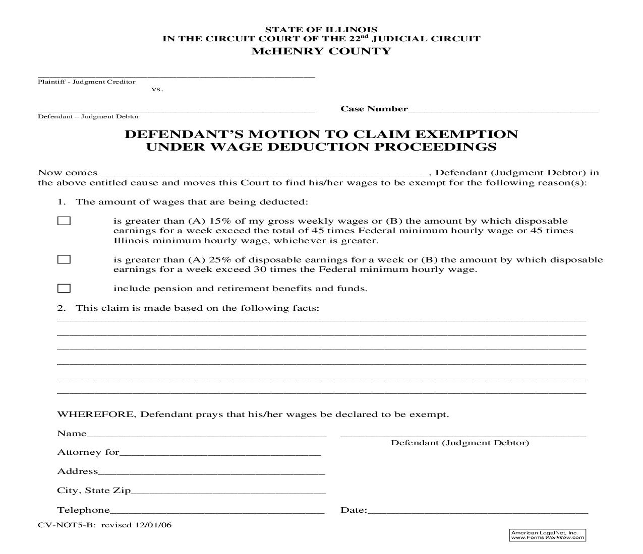 Defendants Motion To Claim Exemption Under Wage Deduction Proceedings {CV-NOT5-B} | Pdf Fpdf Doc Docx | Illinois