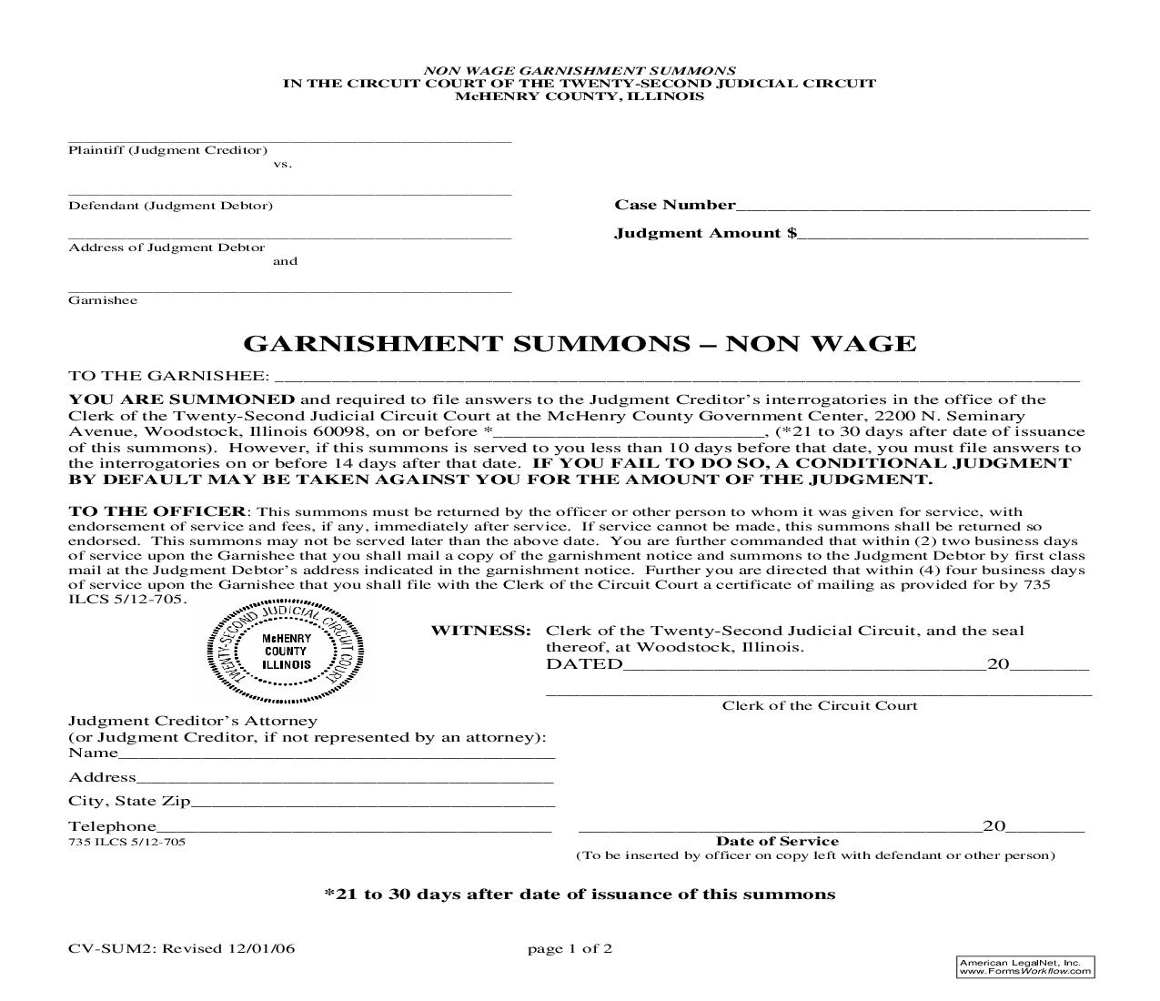 Garnishment Summons Non Wage {CV-SUM2} | Pdf Fpdf Doc Docx | Illinois