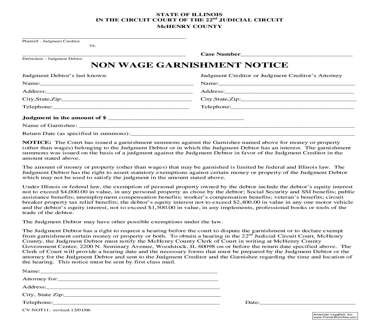 Non Wage Garnishment Notice {CV-NOT11} | Pdf Fpdf Doc Docx | Illinois